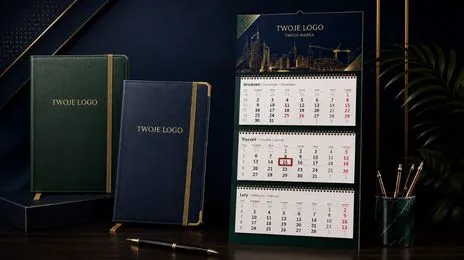 Kalendarz trójdzielny z nadrukiem logo obok zielonego i granatowego notesu w twardej oprawie
