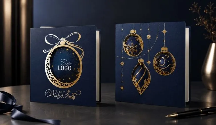 Granatowe kartki świąteczne ze złoconymi bombkami i miejscem na logo firmy