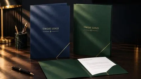 Granatowa i zielona teczka ofertowa ze złoconym logo, jedna otwarta z dokumentem w kieszeni