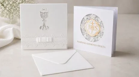 Białe zaproszenie komunijne z tłoczonym symbolem IHS i ornamentem