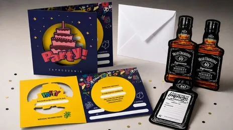 Butelki whisky z personalizowaną etykietą urodzinową oraz kolorowe zaproszenie na Party